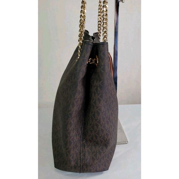 Michael Kors Jet Set Tassel Chain Tote MK Signature Brown Leather Shoulder Bag - Picture 12 of 16